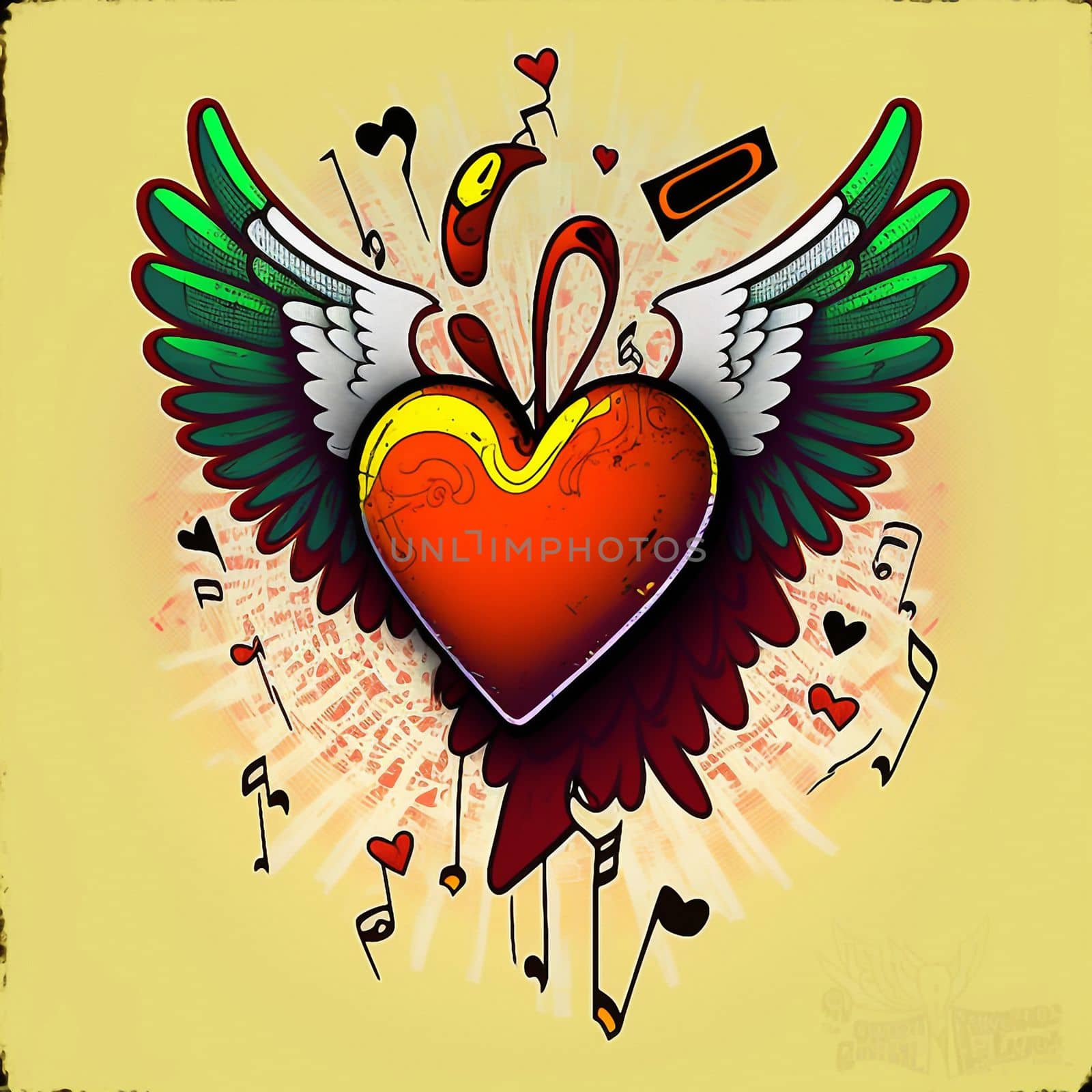 Cartoon graphic drawing of a singing heart with wings