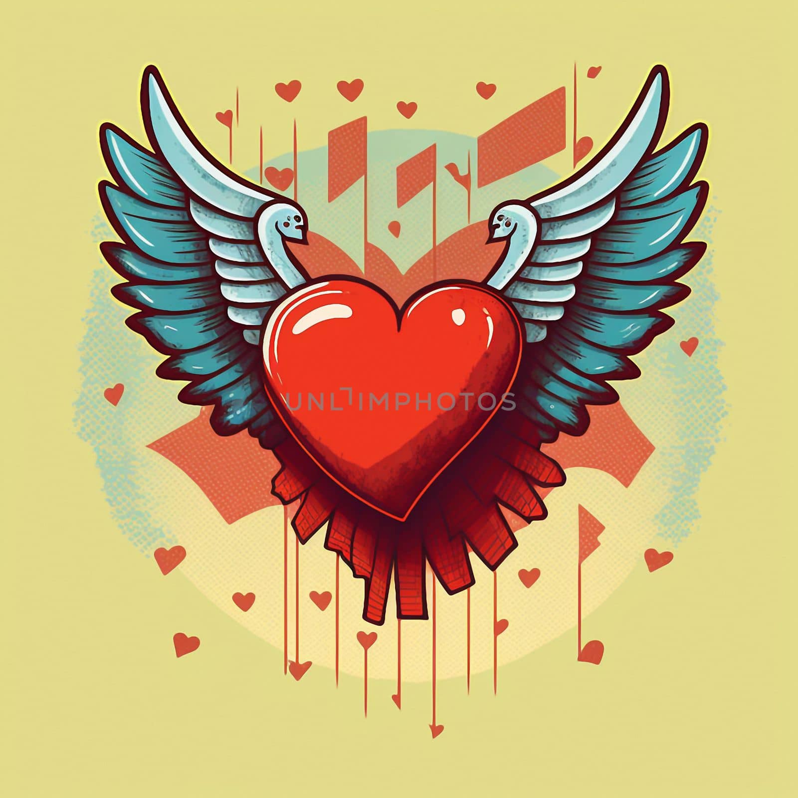 Cartoon graphic drawing of a singing heart with wings