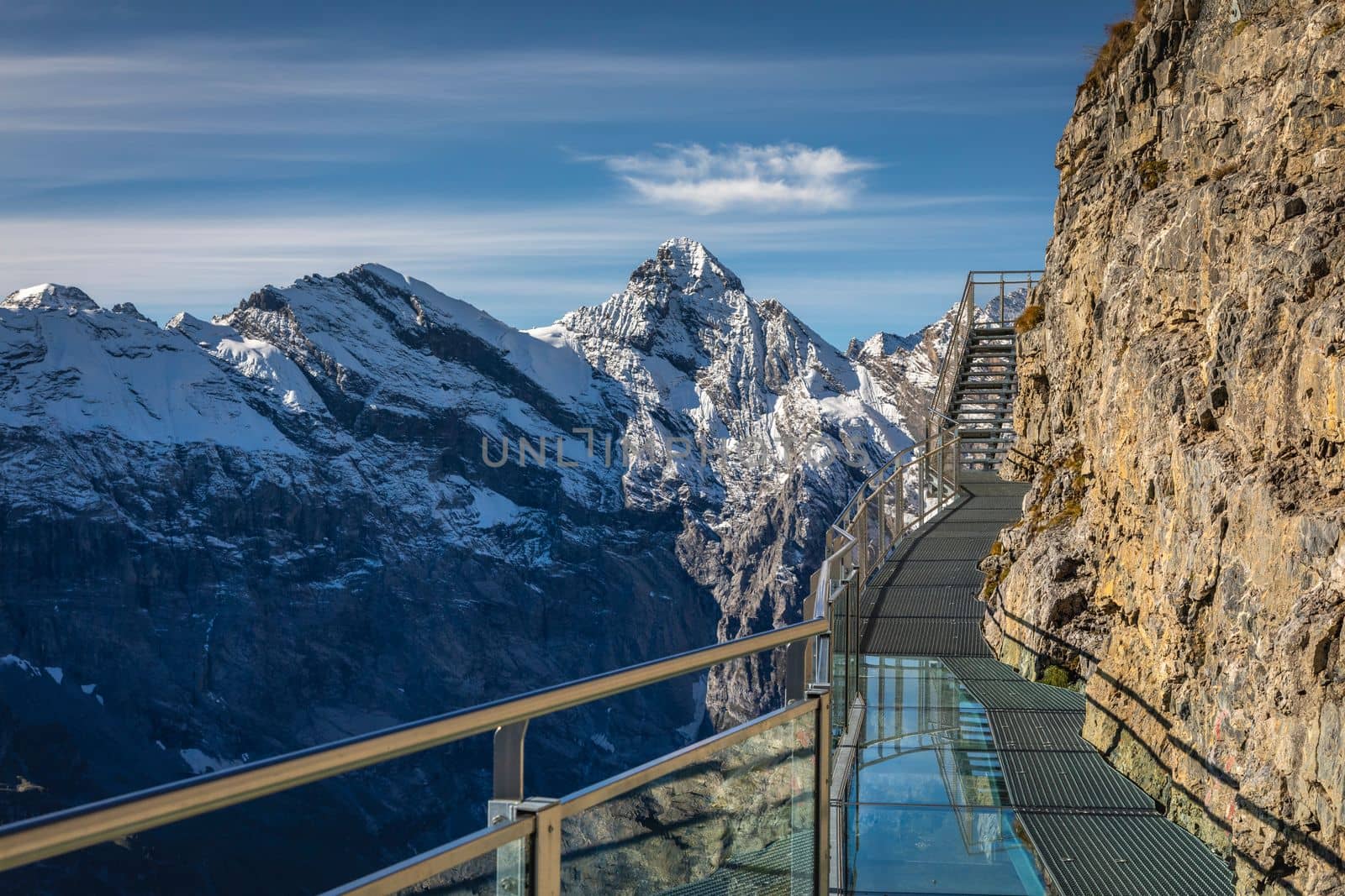 Top of the Schilthorn and view of Snowcapped Bernese Swiss alps, panorama of Eiger, Monch and Jungfrau, Switzerland