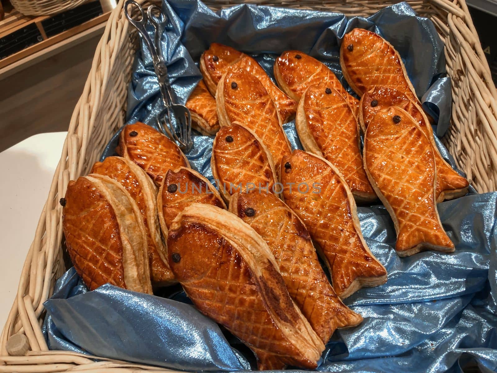 Fish from puff pastry in the store on April Fool's Day