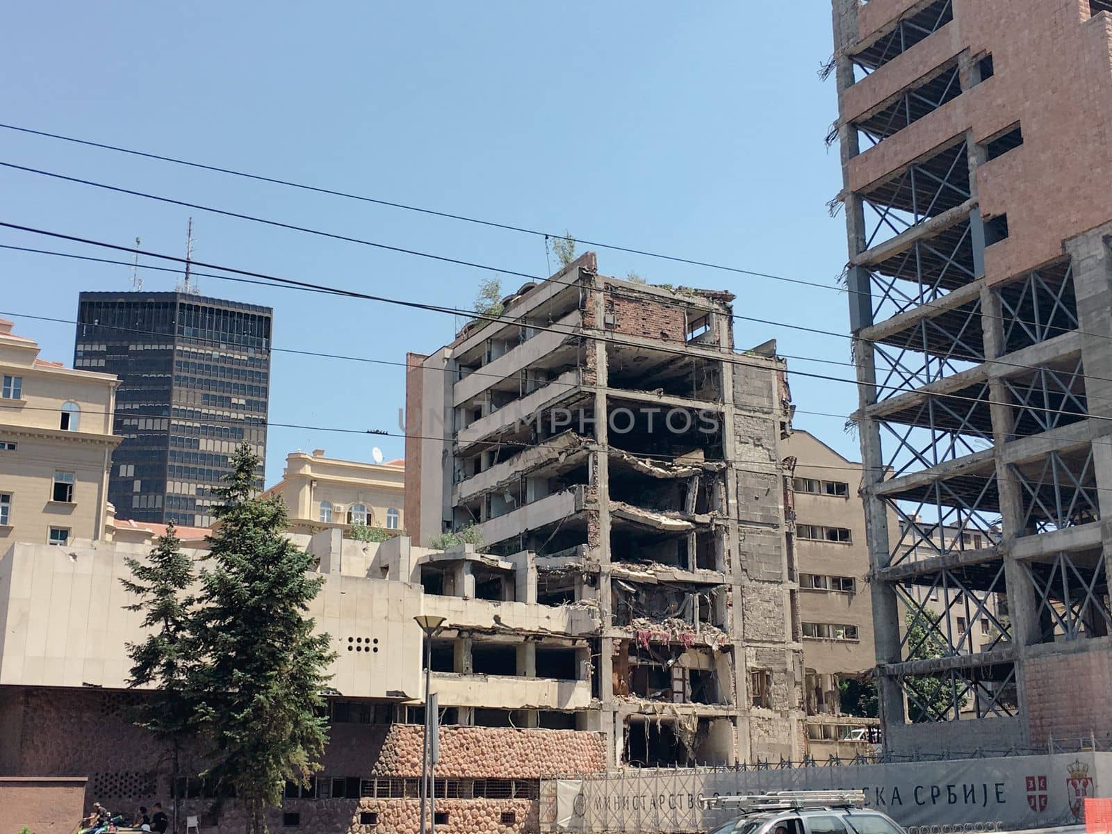 Building in the city of Belgrade hit in the soviet war with a bomb blast destroyed city.. High quality photo