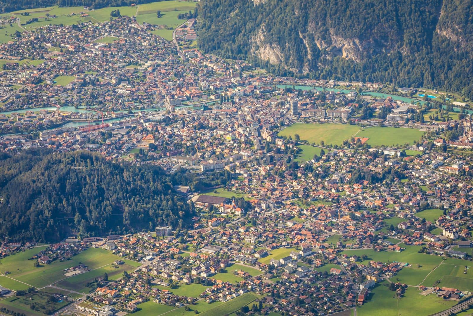 Aerial view of interlaken city in Bernese Oberland, Swiss alps