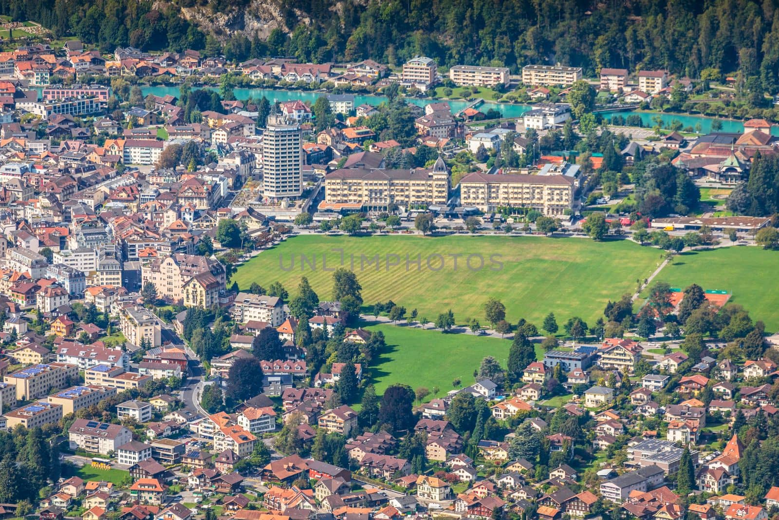 Aerial view of interlaken city in Bernese Oberland, Swiss alps