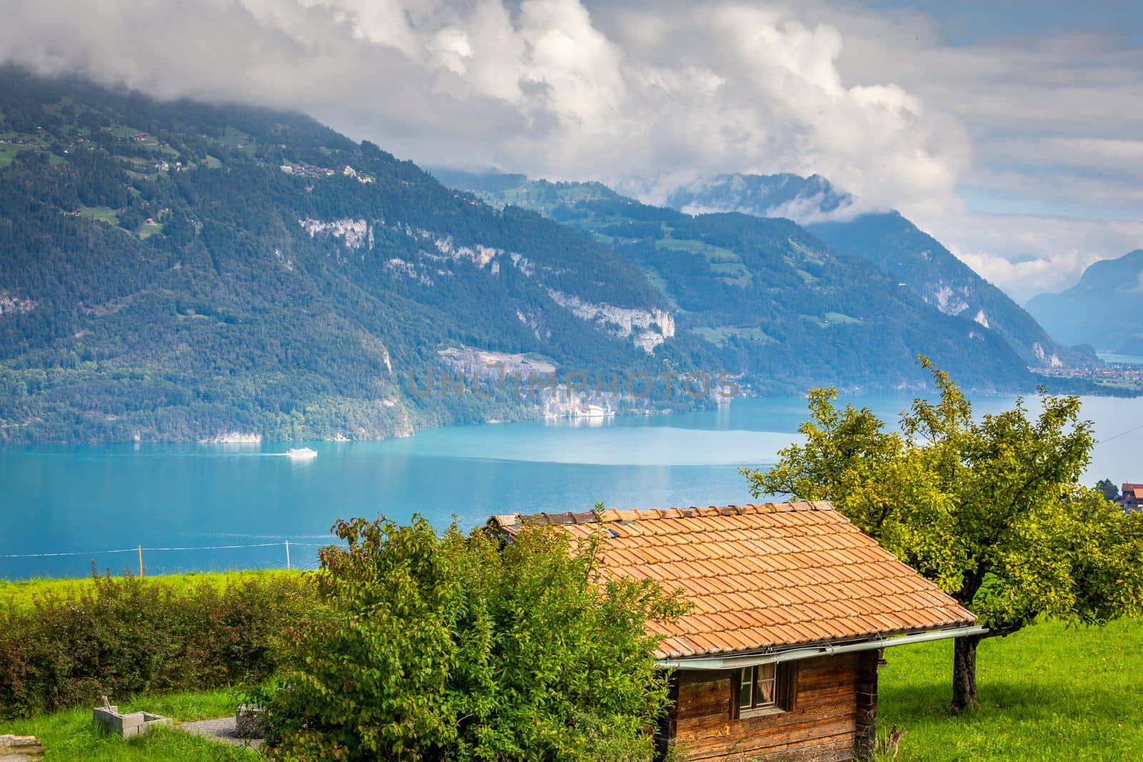 Aerial view of interlaken city in Bernese Oberland, Swiss alps