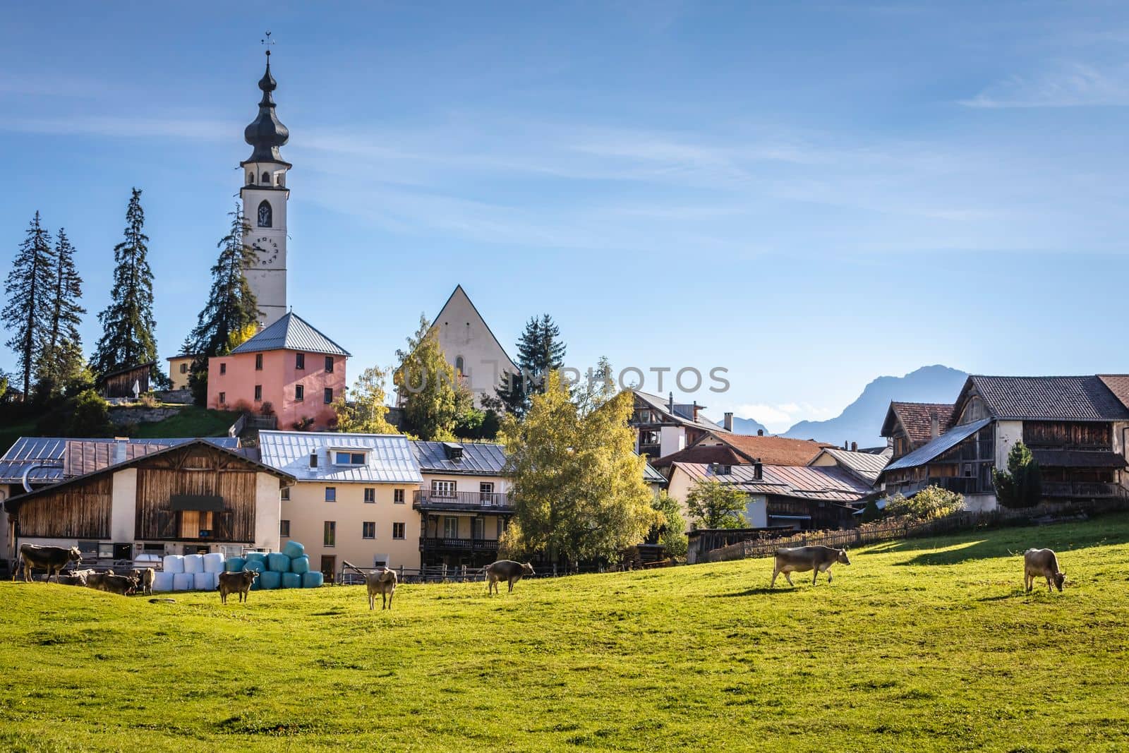 Idyllic landscape of Ftan village at sunset, Engadine, Swiss Alps, Switzerland