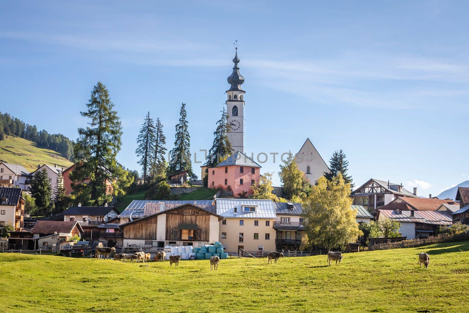 Idyllic landscape of Ftan village at sunset, Engadine, Swiss Alps, Switzerland