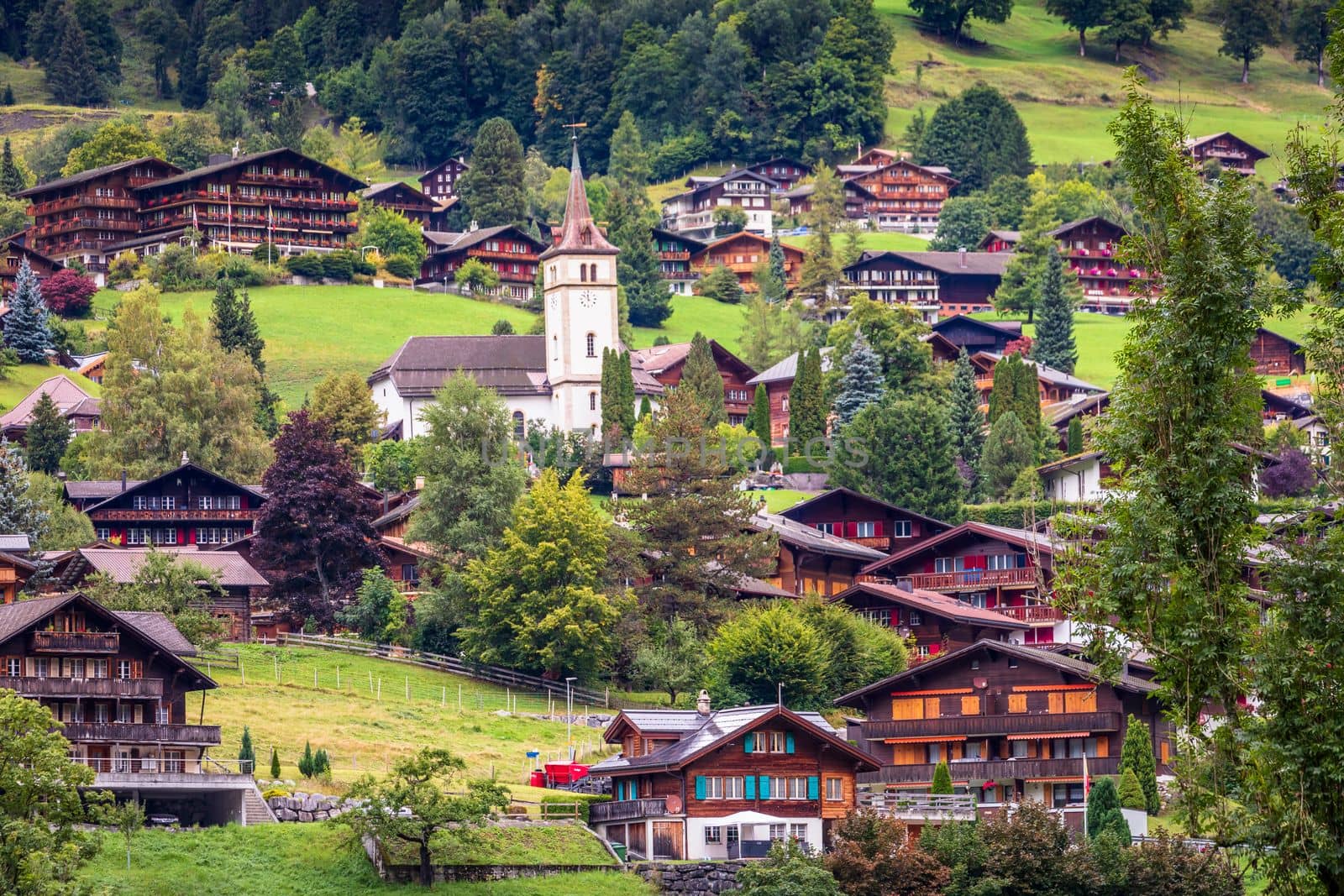 Idyllic landscape of Grindelwald village in Bernese Oberland at springtime , Swiss Alps, Switzerland