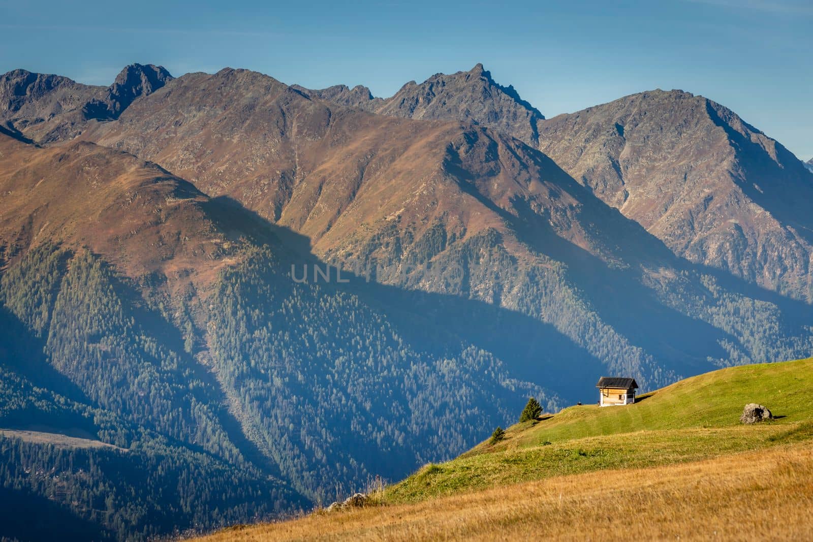 Panoramic view of Dramatic landscape, swiss alps in upper Engadine, Graubunden, Switzerland