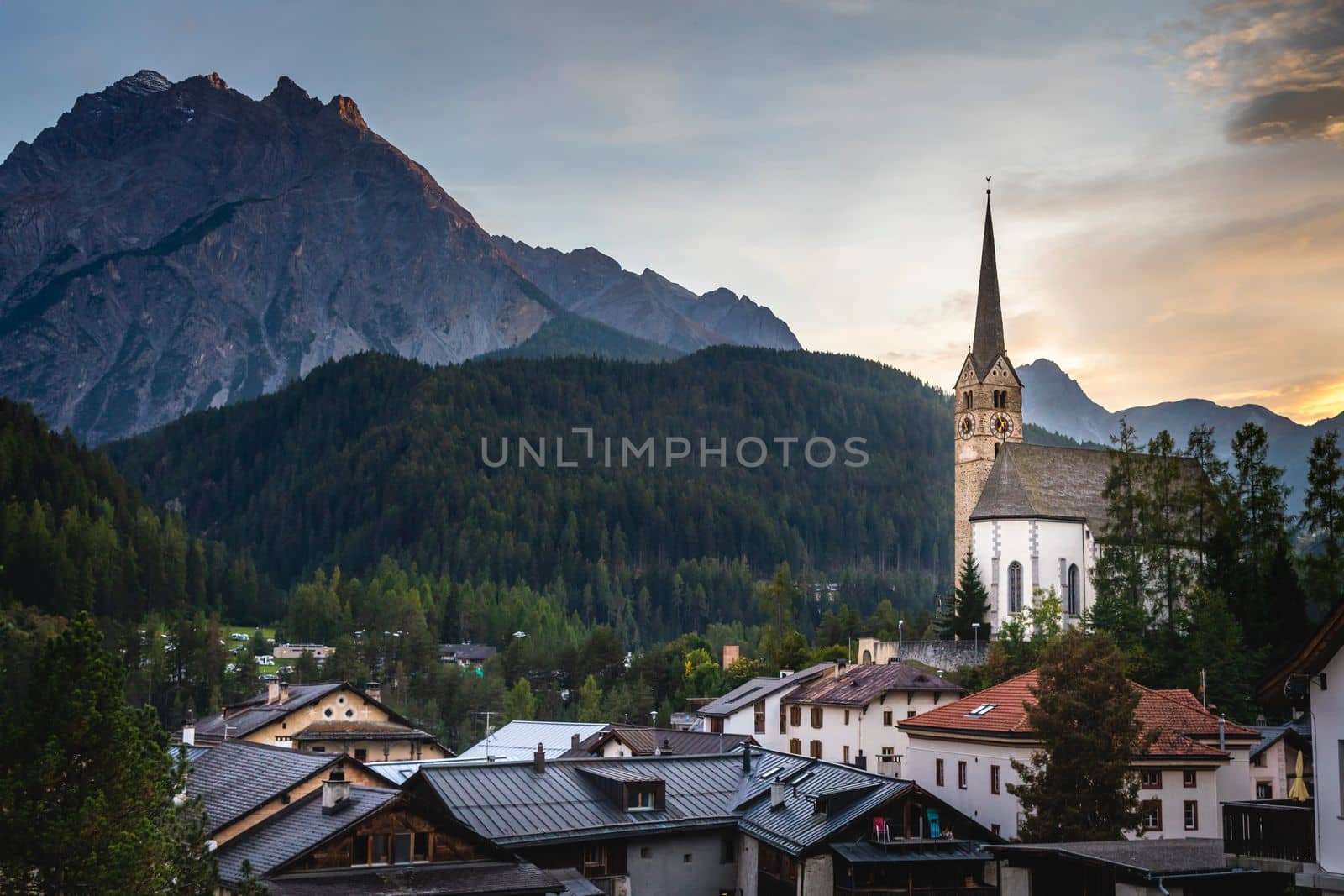 Idyllic landscape of Scuol village at sunset, Engadine, Swiss Alps, Switzerland