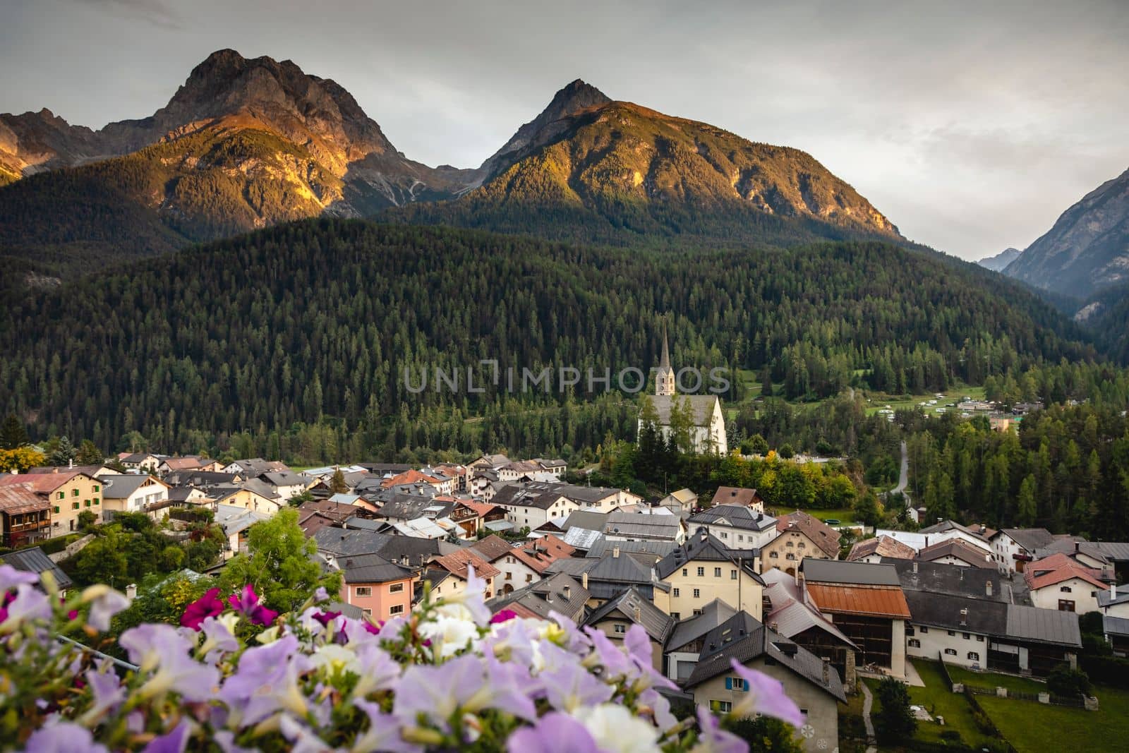 Idyllic landscape of Scuol village at sunset, Engadine, Swiss Alps, Switzerland