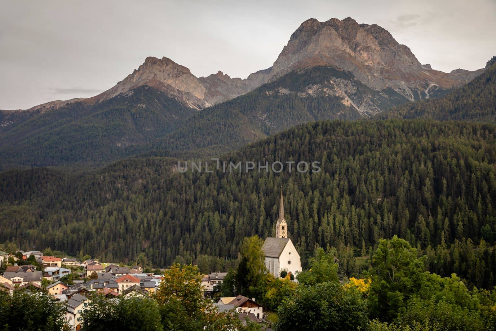 Idyllic landscape of Scuol village at sunset, Engadine, Swiss Alps, Switzerland