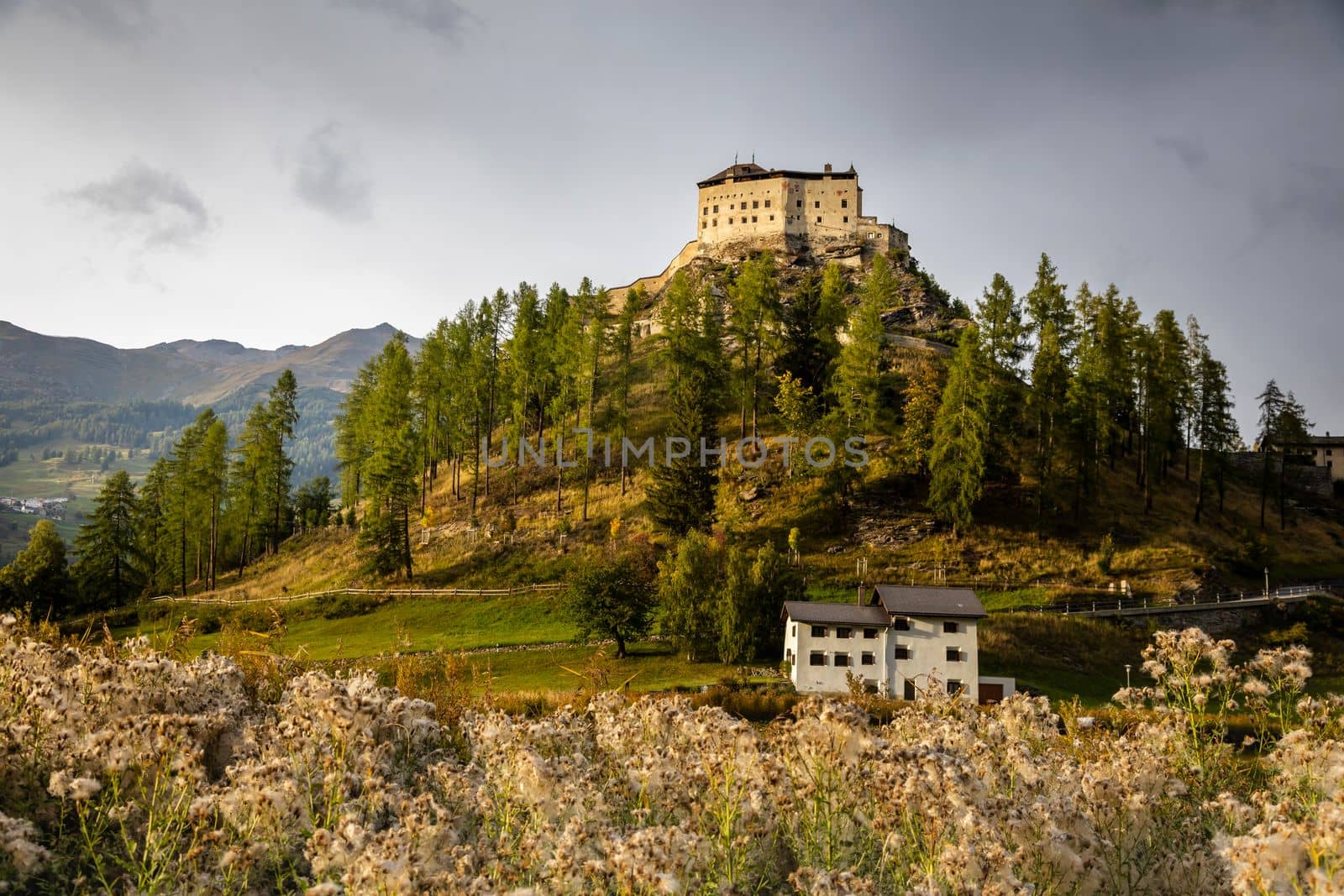 Idyllic landscape of Scuol Tarasp village at sunrise, Engadine, Swiss Alps, Switzerland
