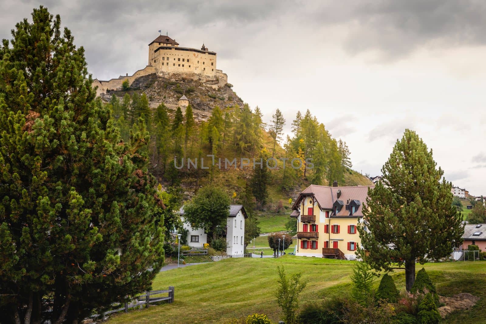 Idyllic landscape of Scuol Tarasp village at sunrise, Engadine, Swiss Alps, Switzerland