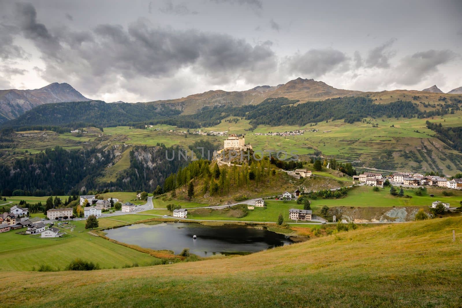 Idyllic landscape of Scuol Tarasp village at sunrise, Engadine, Swiss Alps, Switzerland