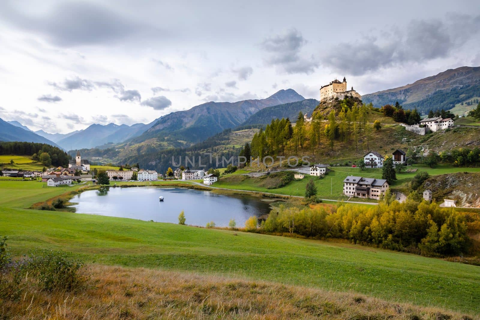 Idyllic landscape of Scuol Tarasp village at sunrise, Engadine, Swiss Alps, Switzerland