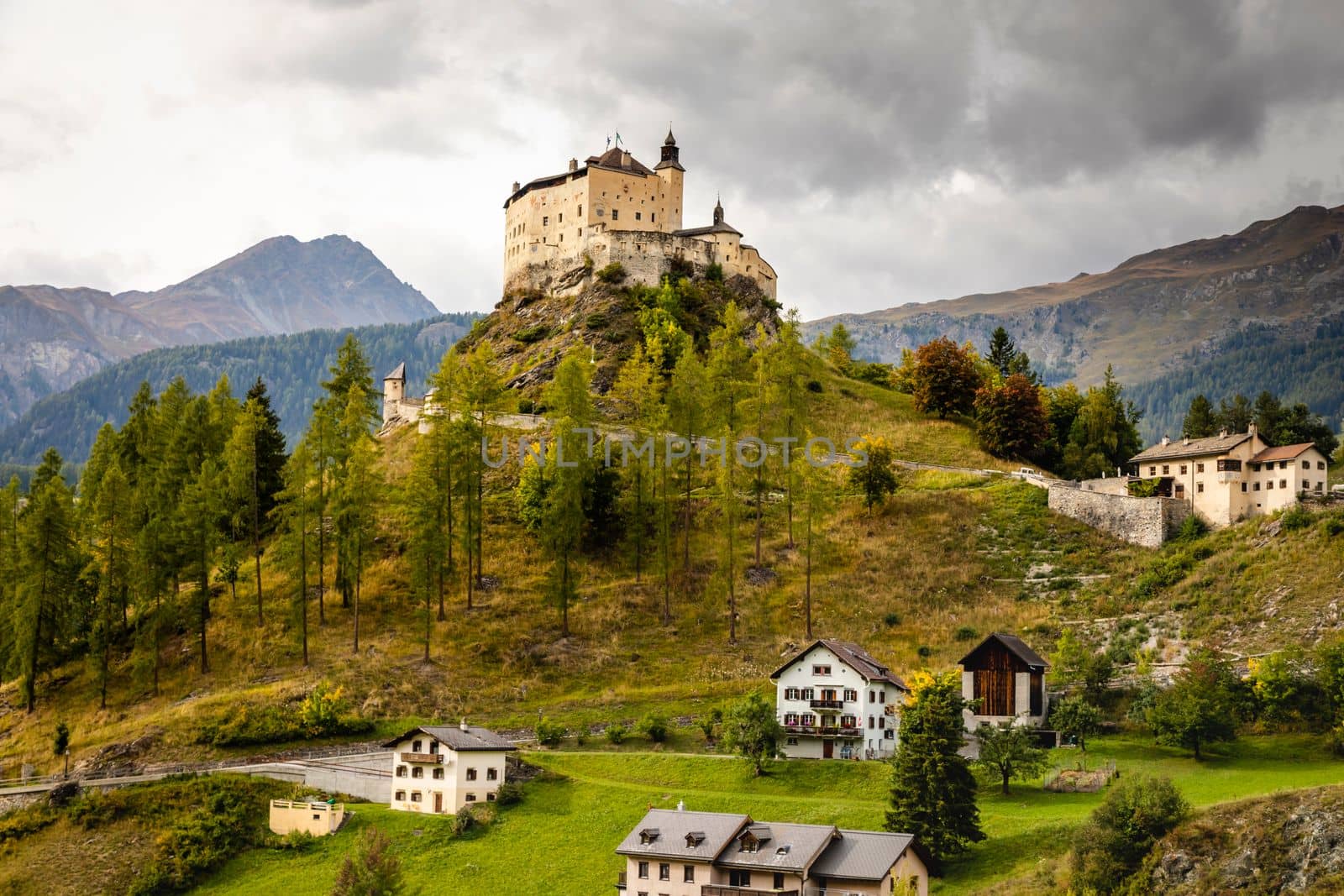 Idyllic landscape of Scuol Tarasp village at sunrise, Engadine, Swiss Alps, Switzerland