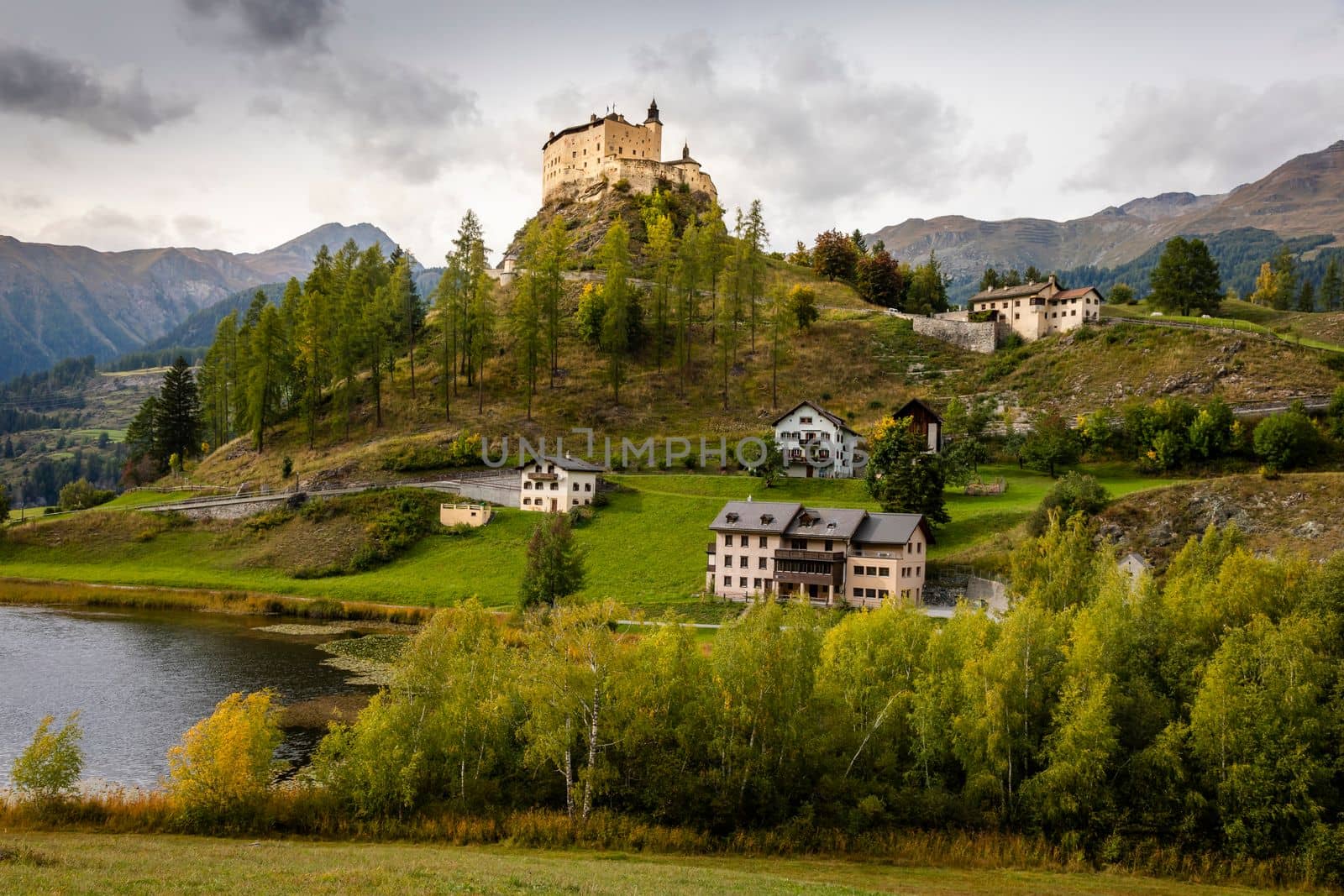 Idyllic landscape of Scuol Tarasp village at sunrise, Engadine, Swiss Alps, Switzerland