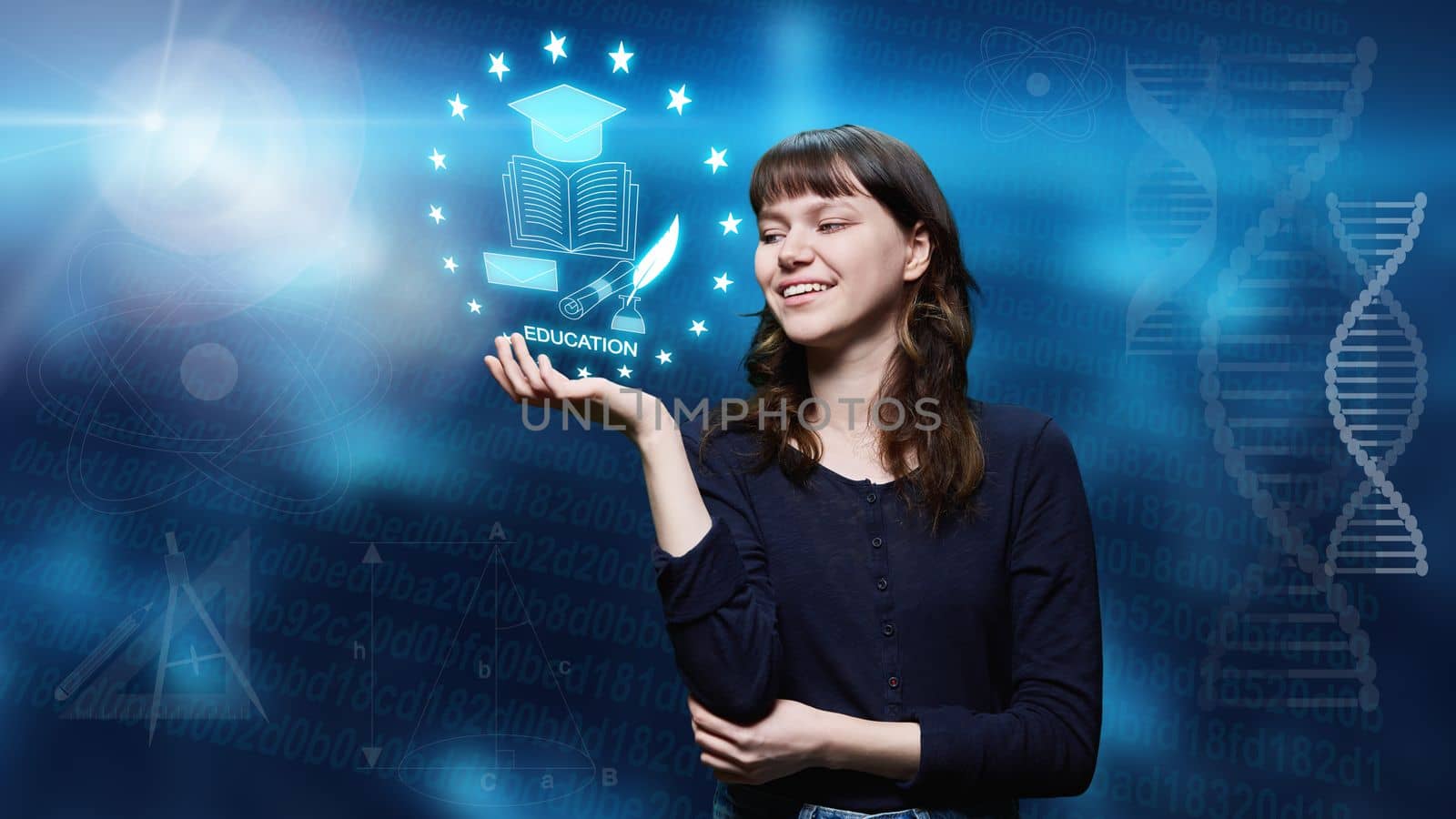 Concept education, academic, courses, online learning. Teenage girl student posing on a glowing background with symbols icons of science, university, diploma, knowledge