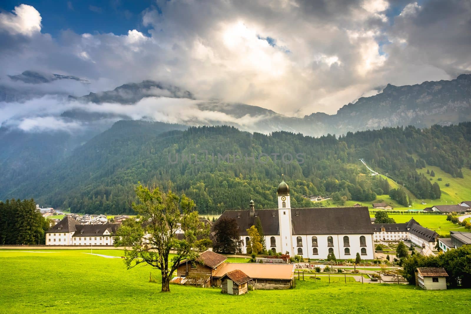 Idyllic landscape of Engelberg village at sunrise, Obwalden, Swiss Alps, Switzerland