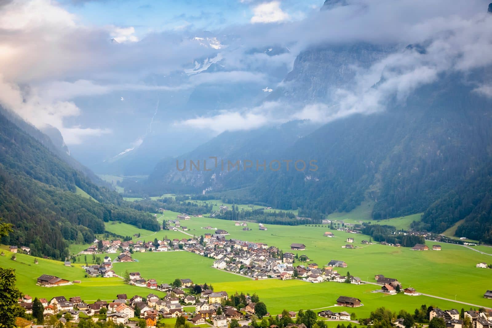 Idyllic landscape of Engelberg village at sunrise, Obwalden, Swiss Alps, Switzerland