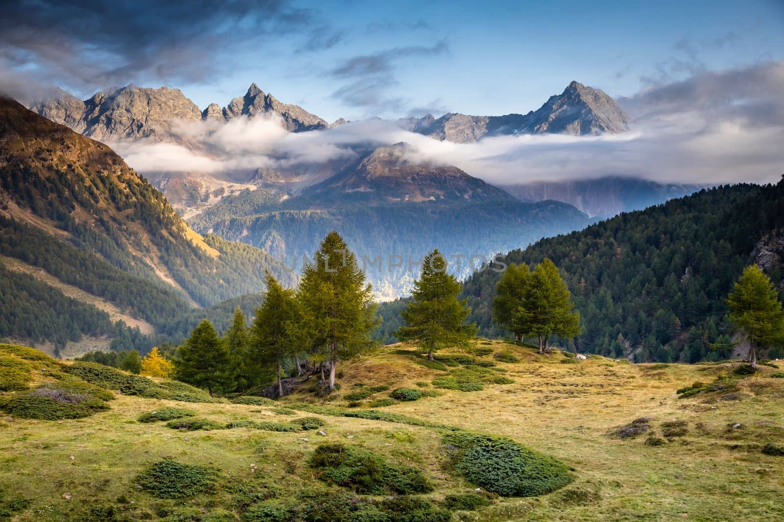 Panoramic view of Dramatic landscape, swiss alps in upper Engadine, Graubunden, Switzerland