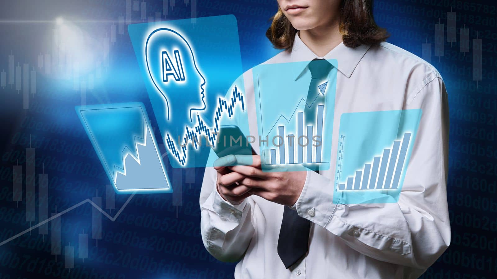 Close-up of smartphone in hands of businessman, hologram statistics graphs, use of AI in business. Artificial intelligence, work, business, technology concept