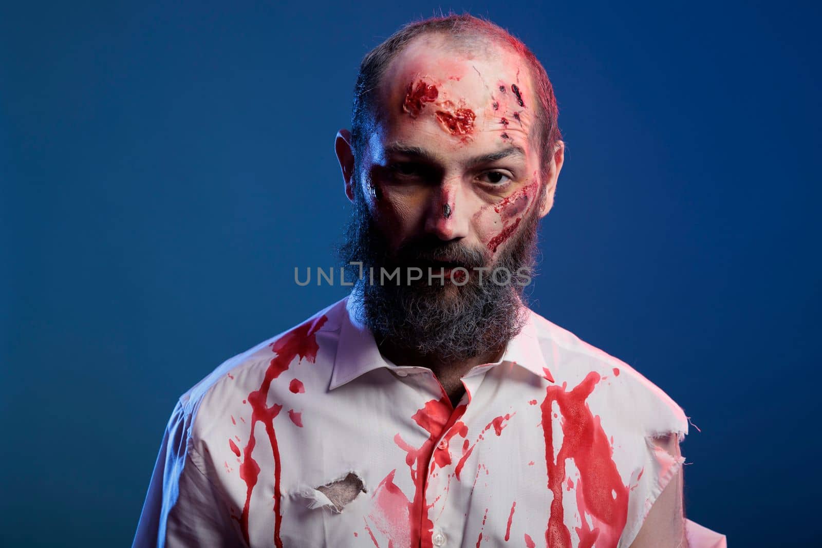 Portrait of scary halloween zombie with blood and wounds looking at camera, posing with creepy apocalyptic face and bloody scars. Spooky undead corpse looking dangerous and aggressive.