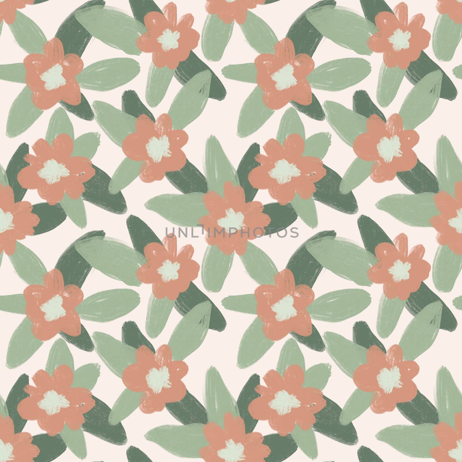 Hand drawn seamless pattern with muted pastel flowers, neutral beige sage green floral design. Boho bohemian trendy loose nature blossom bloom leaves, victorian retro garden print, retro romantic fabric for spring summer foliage. by Lagmar