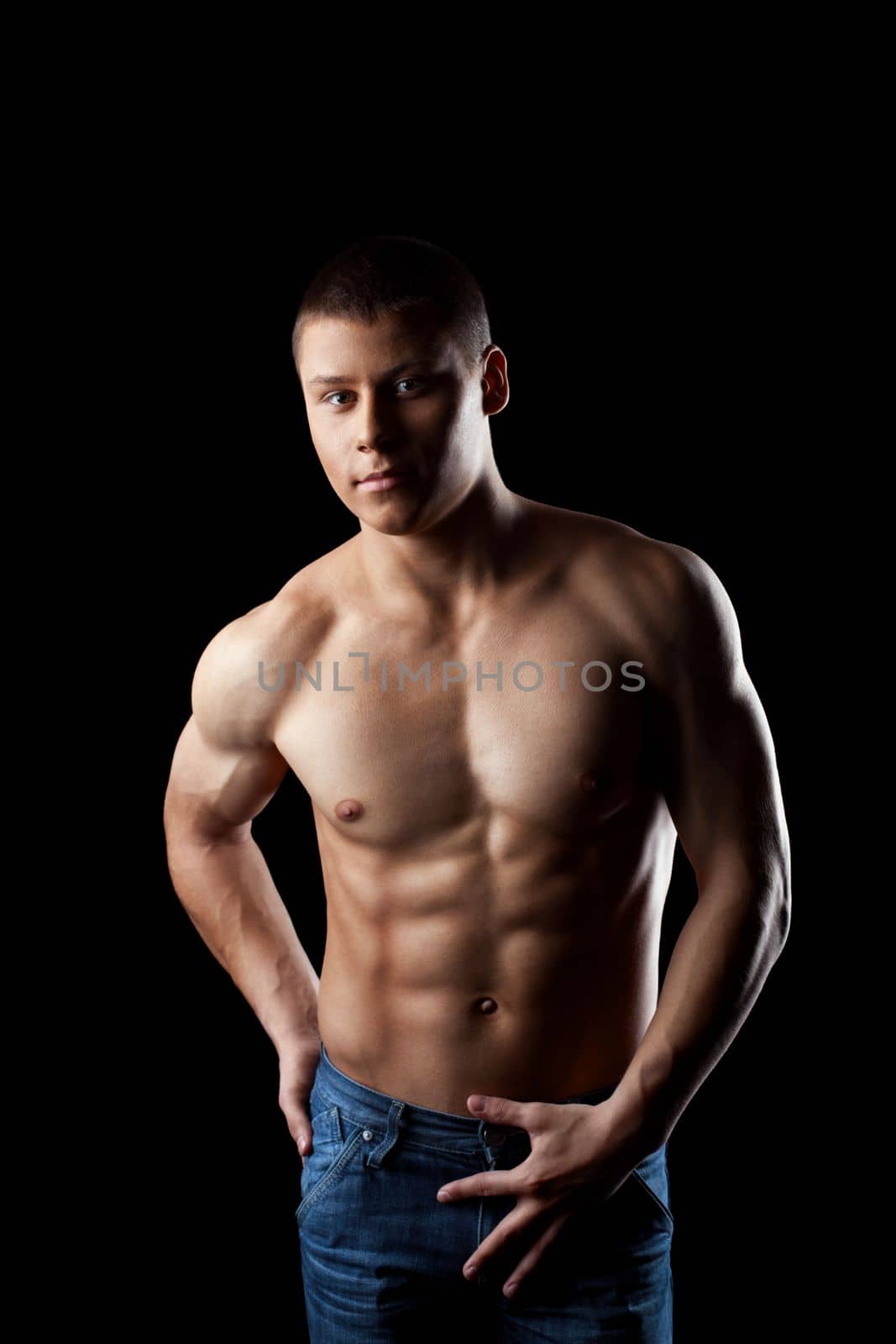 beauty young athletic nude male portrait look at camera