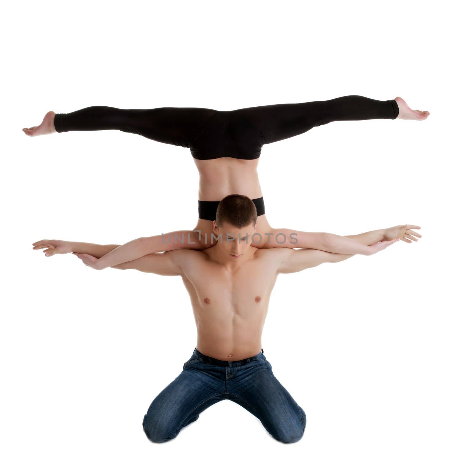 Couple of young gymnast show stand on hand isolated