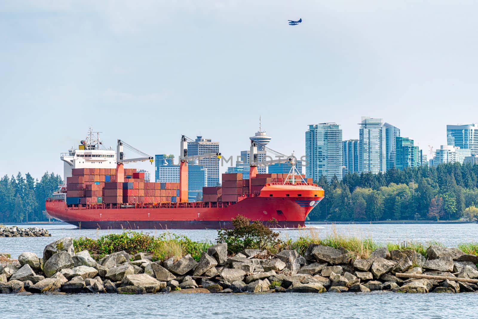 Container cargo liner in Vancouver harbor going fairway.