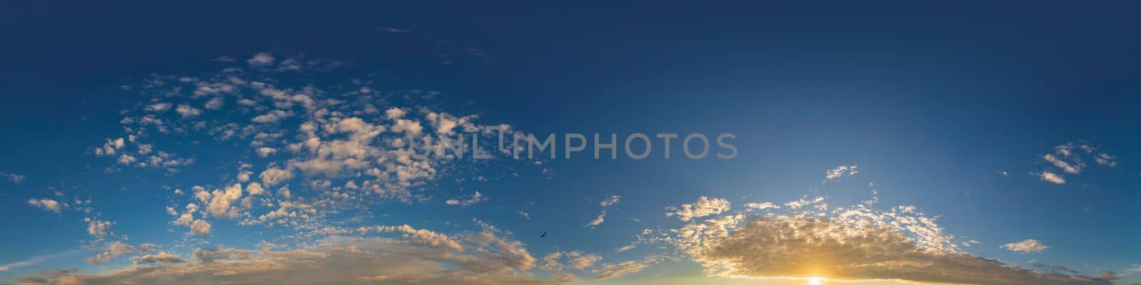 Sky panorama with Cirrus clouds in Seamless spherical equirectangular format. Full zenith for use in 3D graphics, game and editing aerial drone 360 degree panoramas for sky replacement