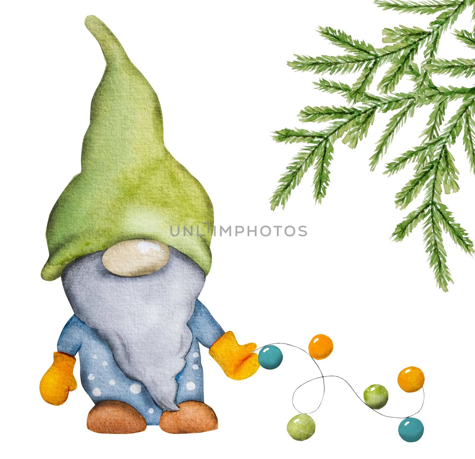 Cute Christmas gnome dwarf with garland and xmas tree festive watercolor painting for postcard. Cartoon elf new year art