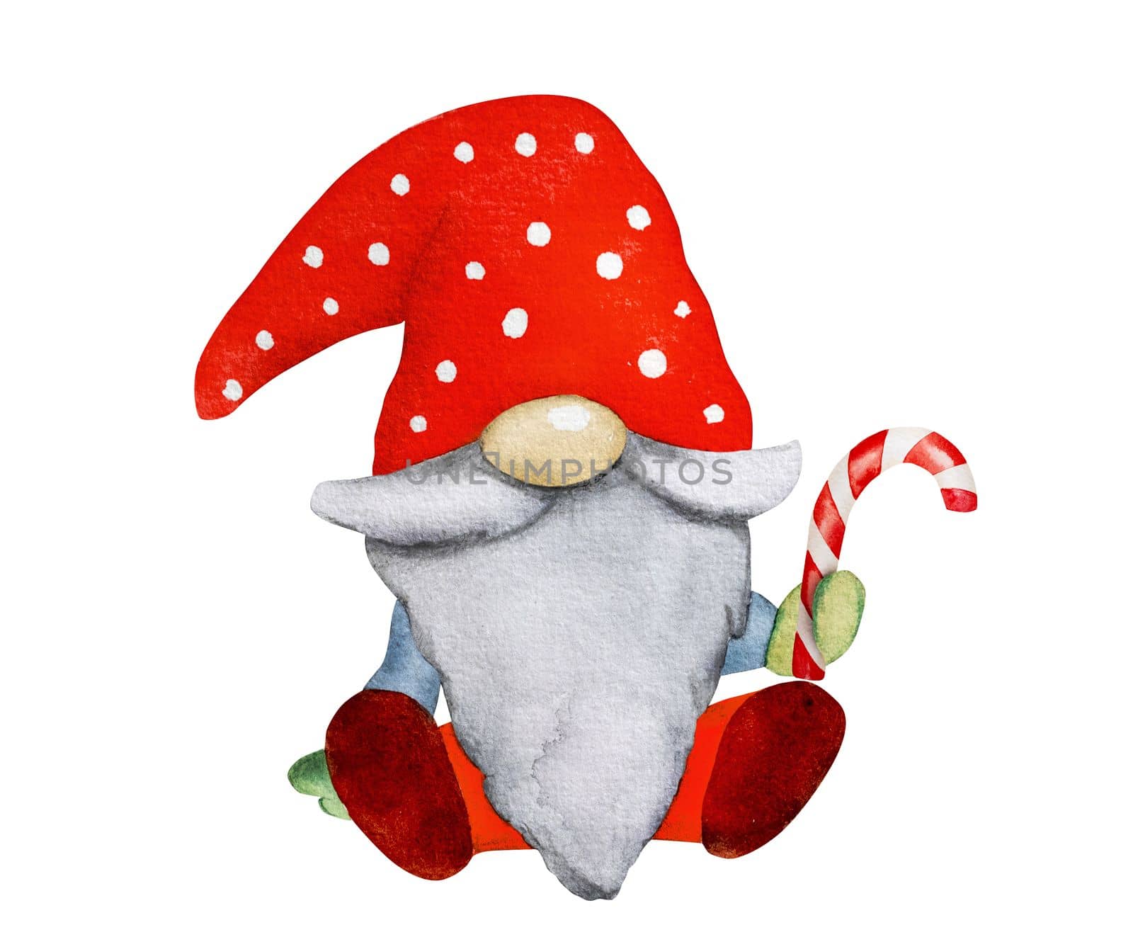 Cute Christmas gnome dwarf with lollipop festive watercolor painting for postcard. Cartoon elf with sweet traditional candy new year art