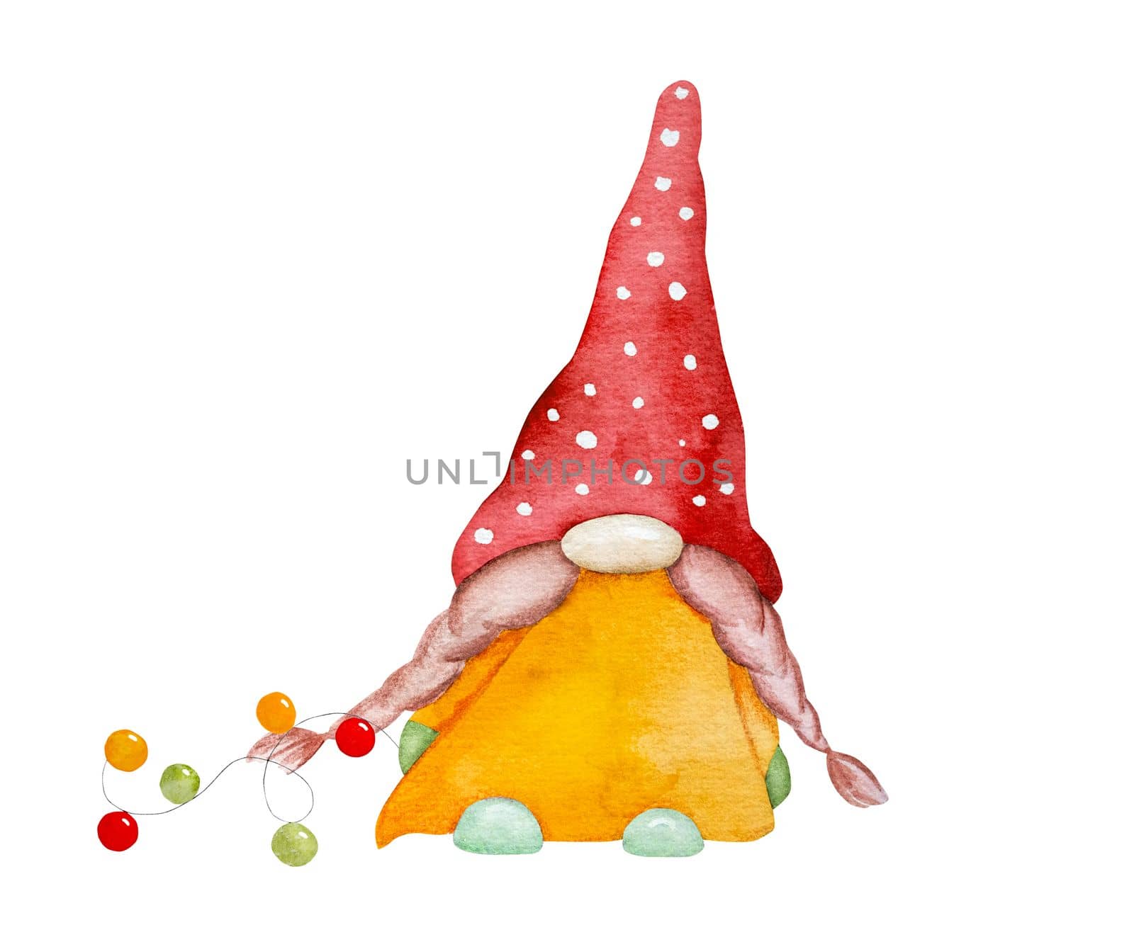 Cute Christmas gnome dwarf with garland festive watercolor painting for postcard. Cartoon elf new year art