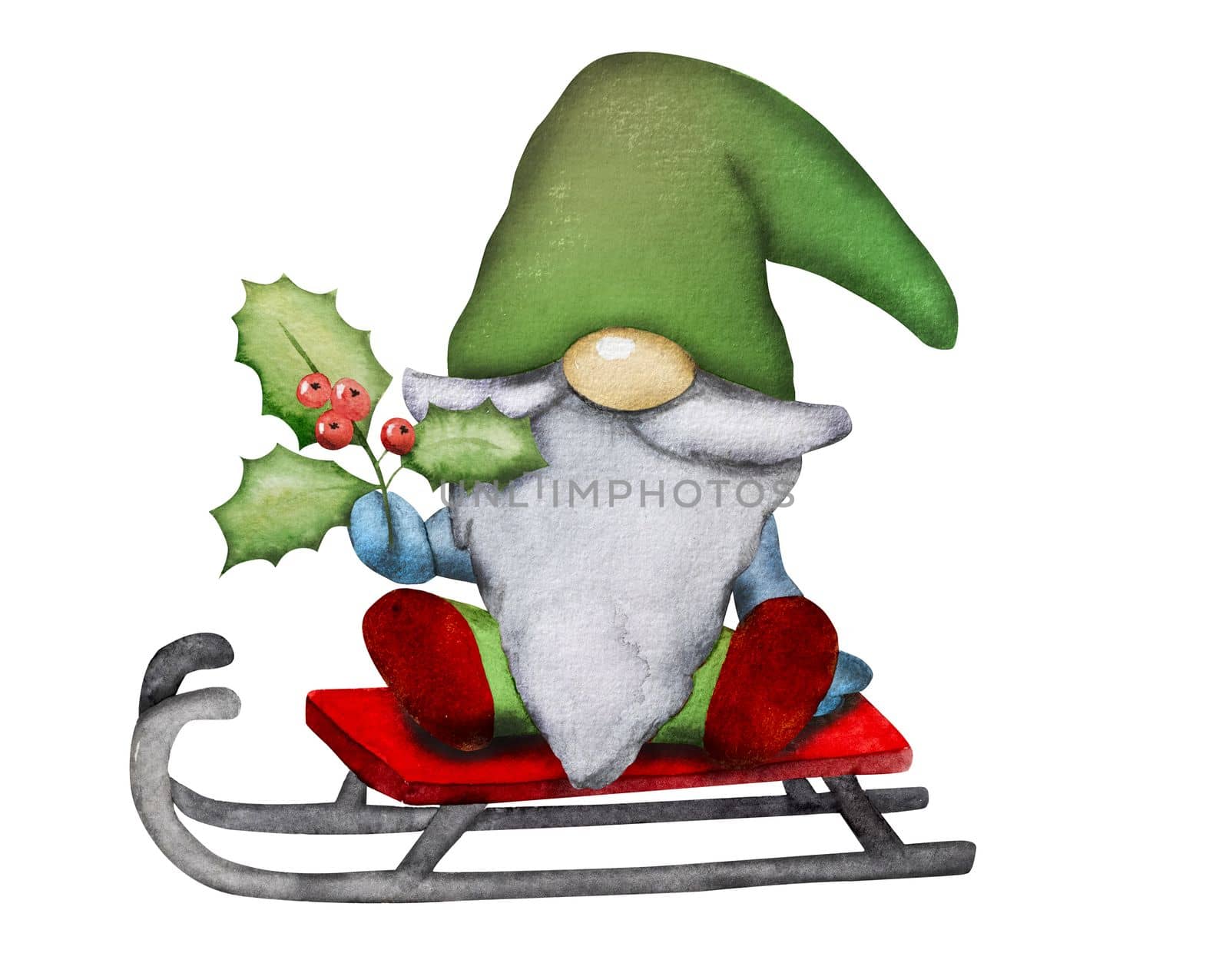 Cute Christmas gnome dwarf with misletoe riding sled festive watercolor painting for postcard. Cartoon elf new year art