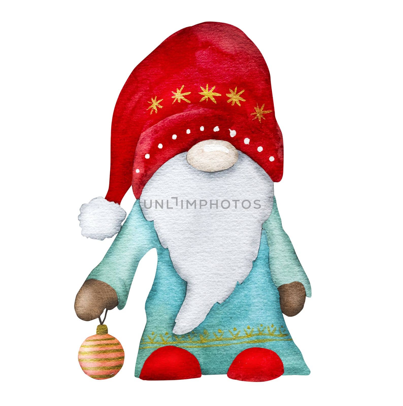 Christmas gnome Santa Claus helper winter watercoor drawing with xmas tree ball toy. New year festive dwarf with traditional holiday decoration