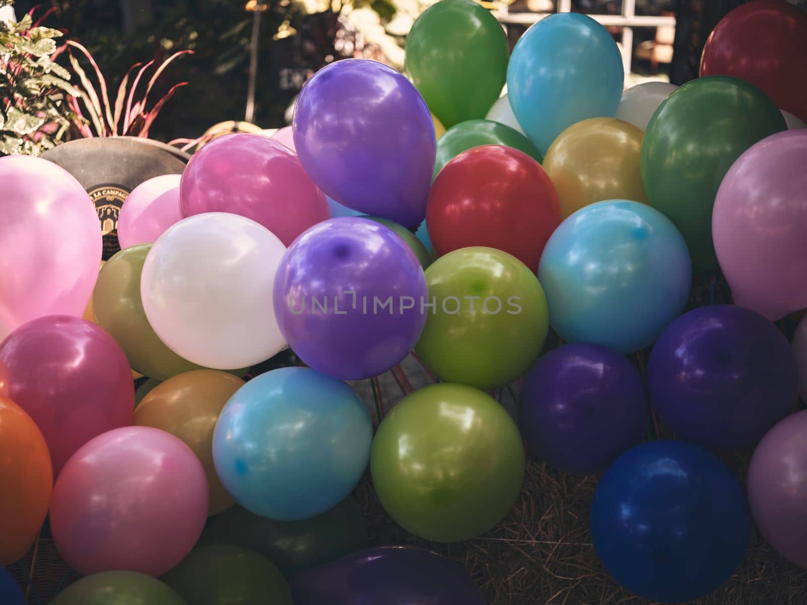 Colorful bunch of balloons . Minimal creative concept. Flat lay.