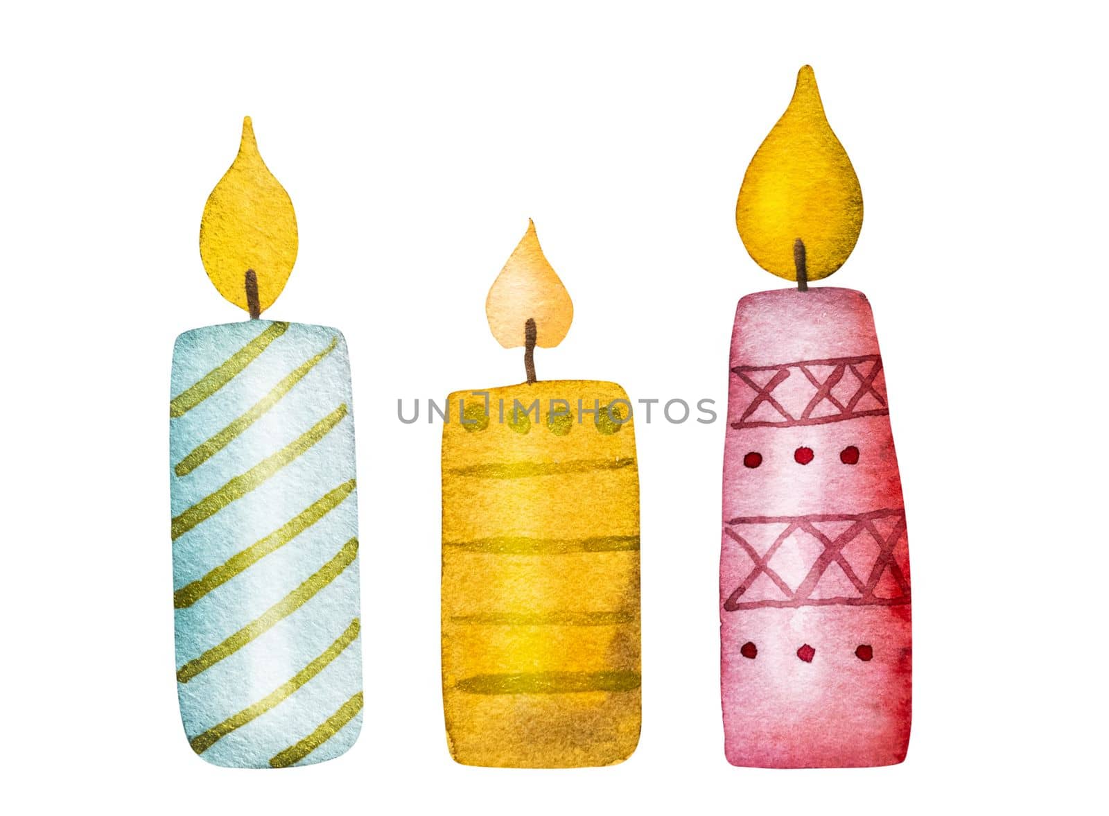 Christmas candles with fire for warm and festive xmas eve watercolor painting. New Year decoration