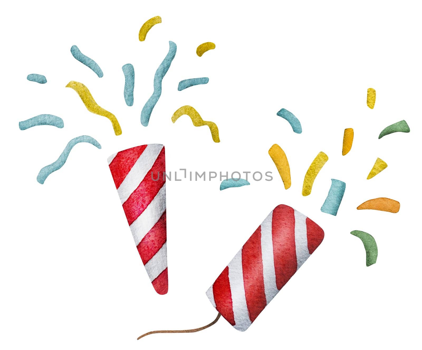 Christmas clapperboard and confetti traditional watercolor paintings for postcard. New Year xmas symbols for celebration