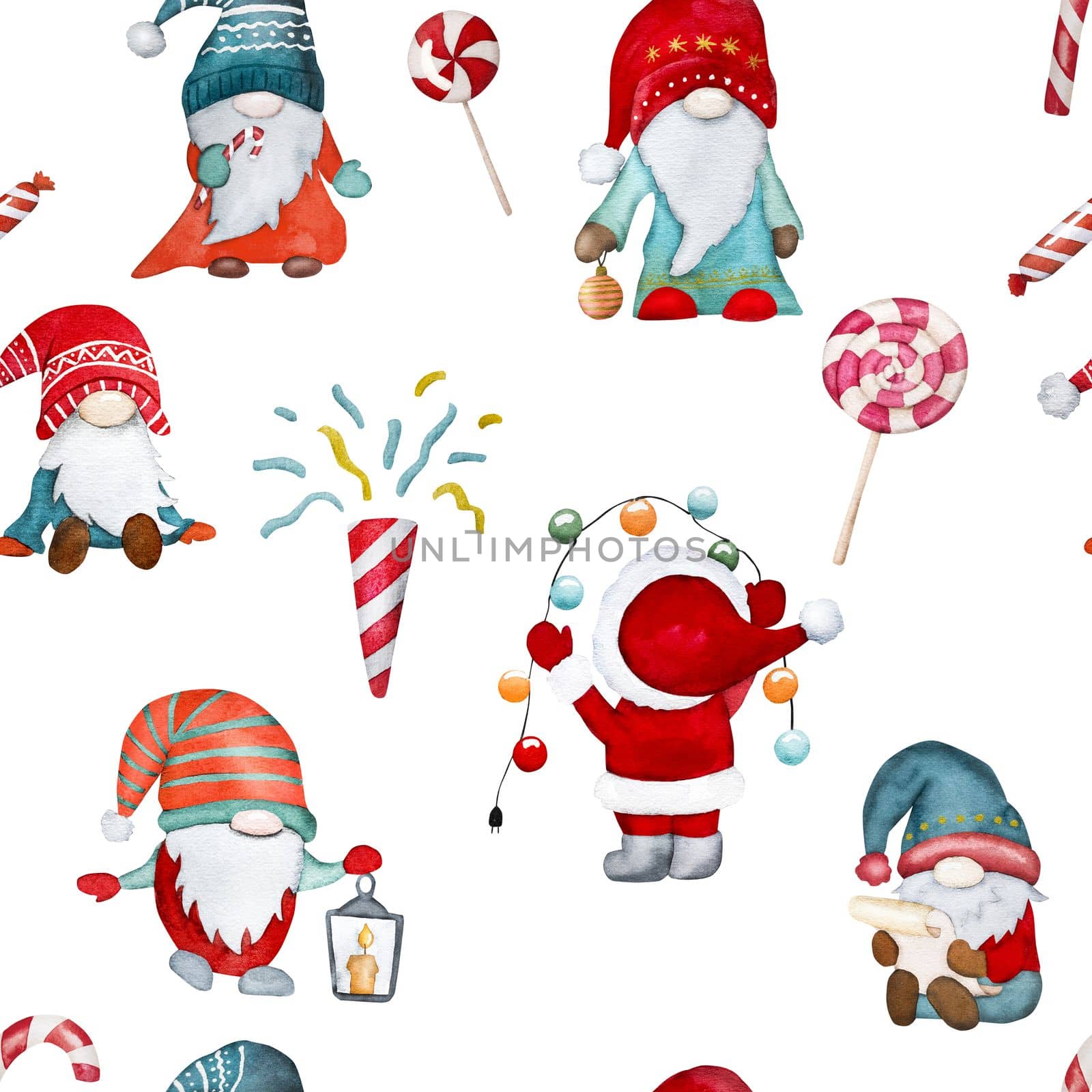 Christmas gnomes Santa Claus helpers set with lollipop candies winter watercoor drawing. New year festive dwarfs with traditional holiday decoration and sweets collection