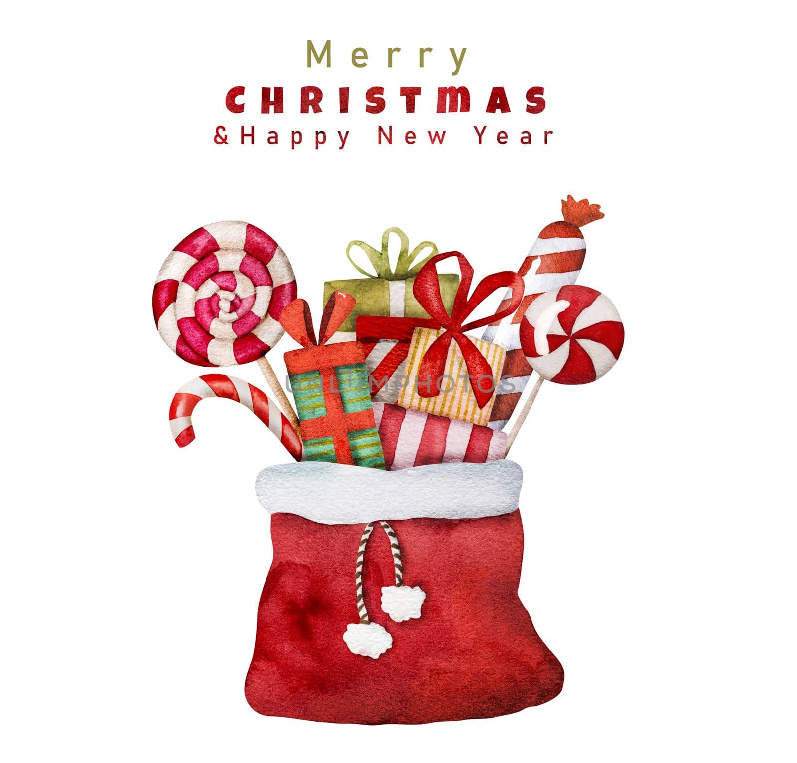 Christmas lollipops and gifts in Santa Claus bag watercolor festive painting. New Year xmas presents aquarelle illustration fpr postcard with greetings text