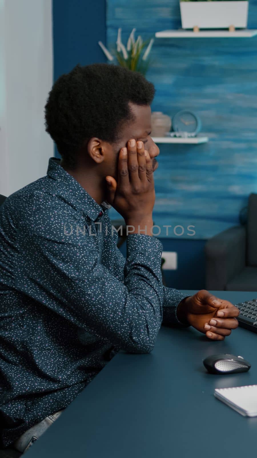 Black man with toothache seeking medical stomatologist health advice by DCStudio