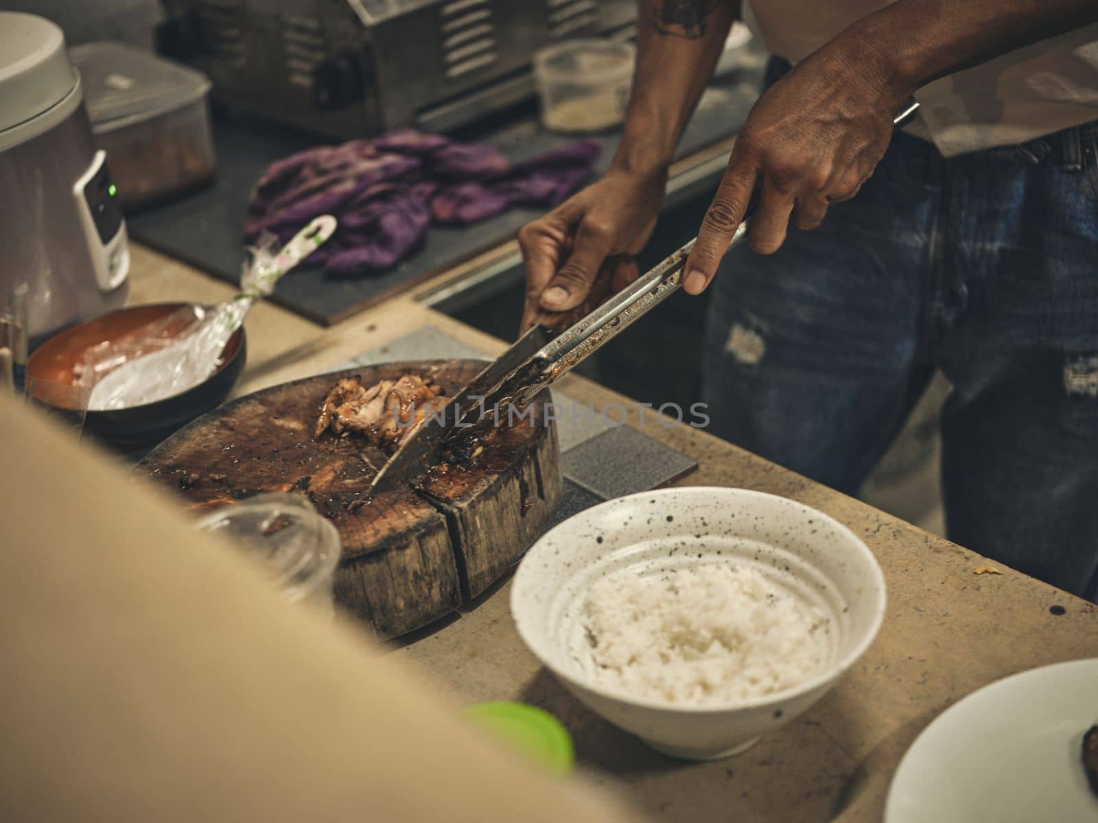 Grilled meat on chopping board Sliced roast pork on wooden background.