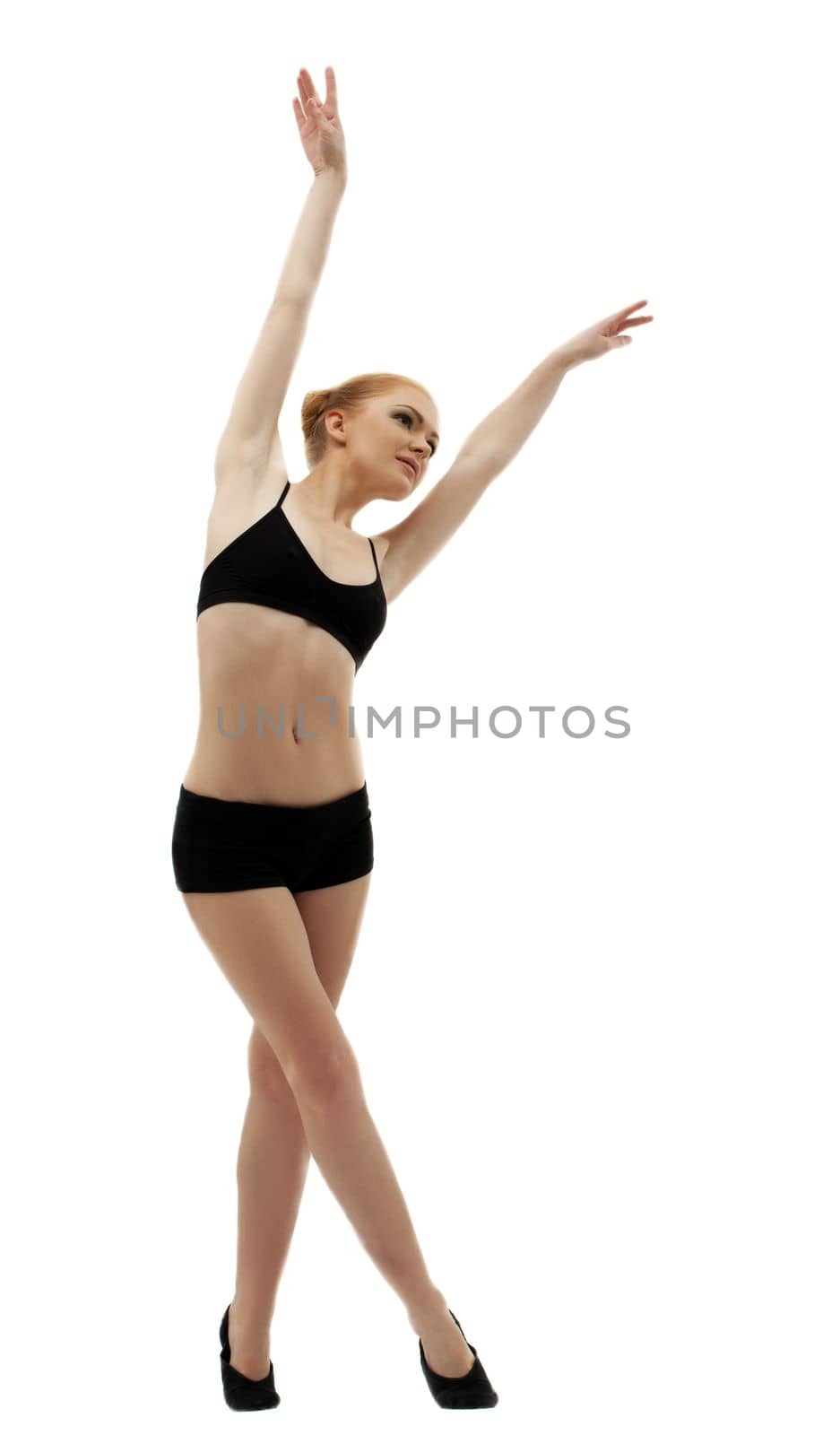 young beauty dancer posing in black top white isolated