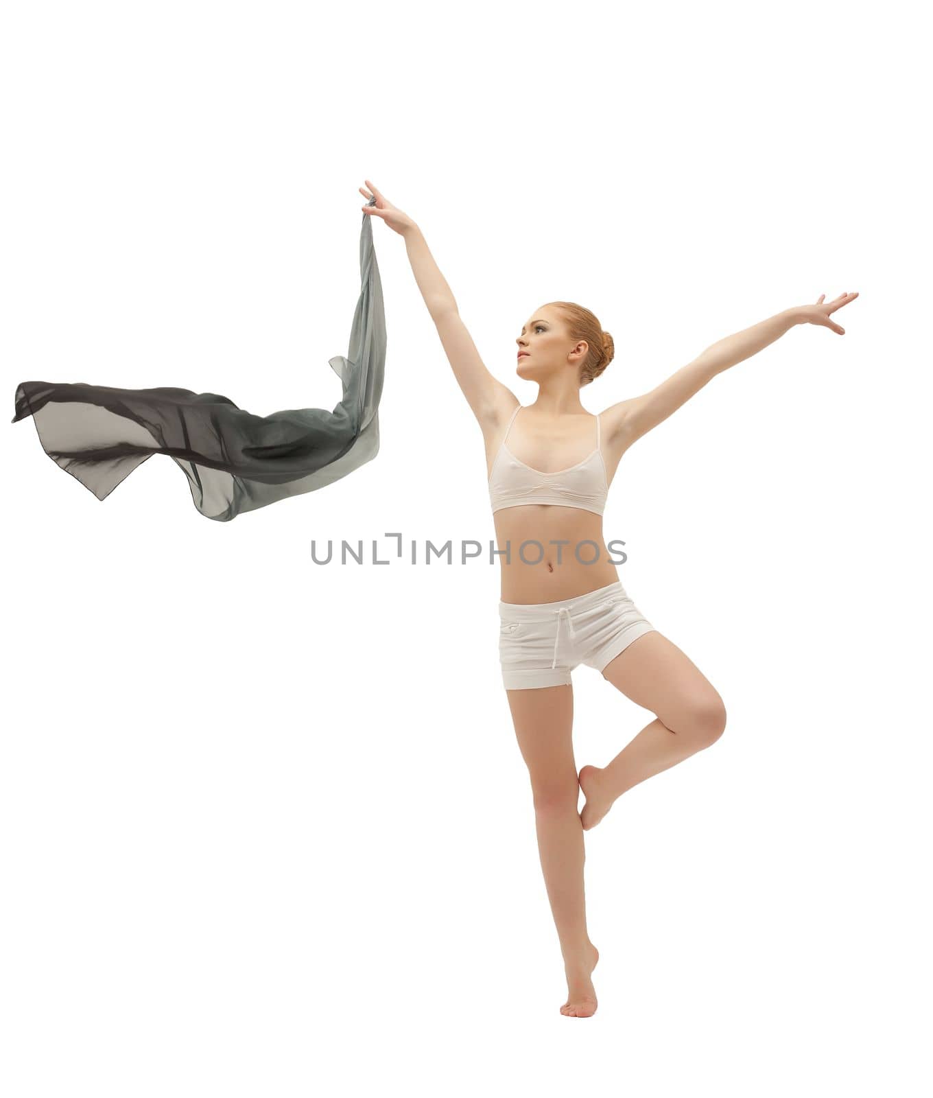 Beauty blond girl in dance with flying cloth isolated