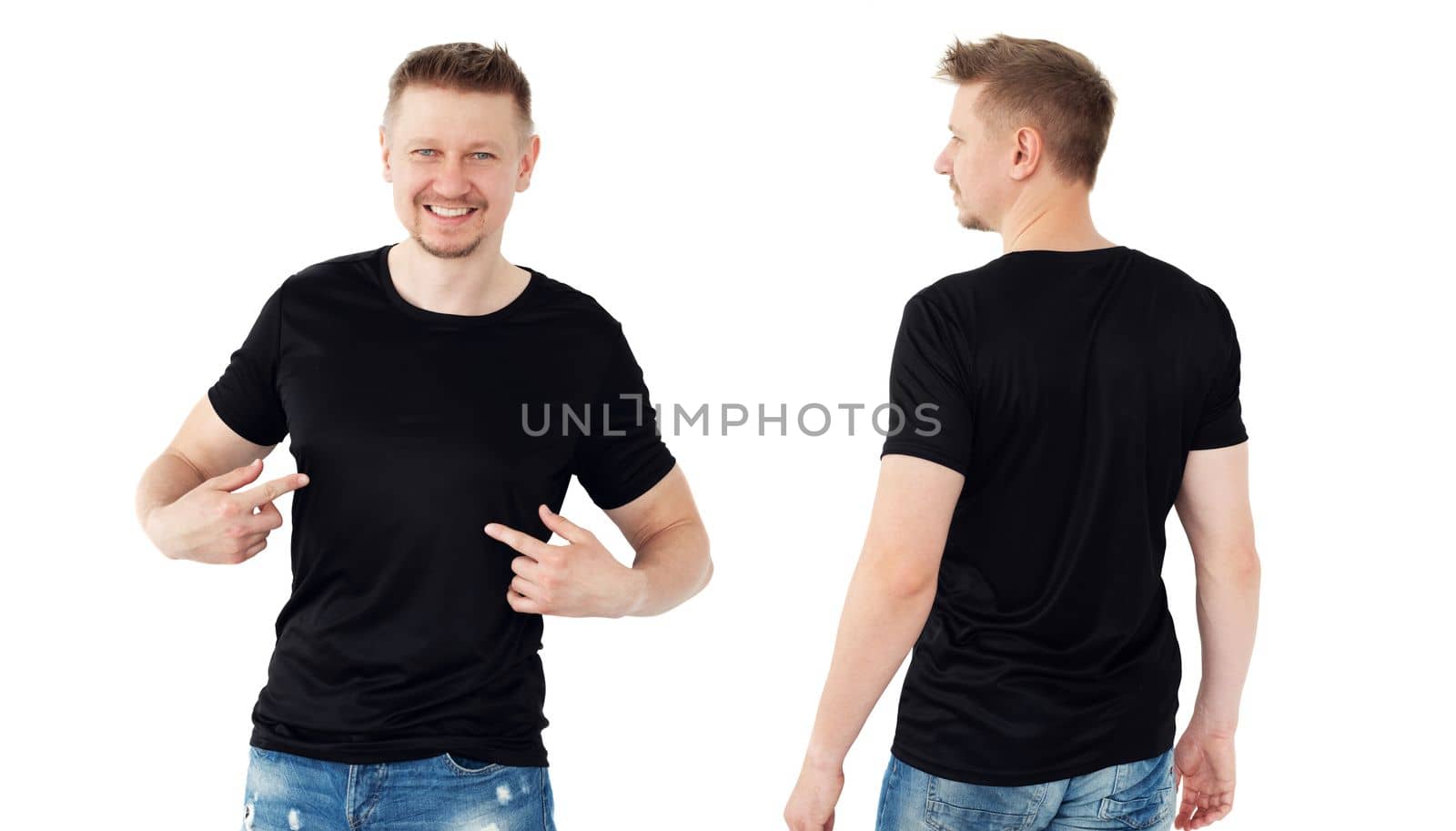 Attractive young man in a black T-shirt isolated on a white background, isolaled on a white background, front and back views. Blank for your design.