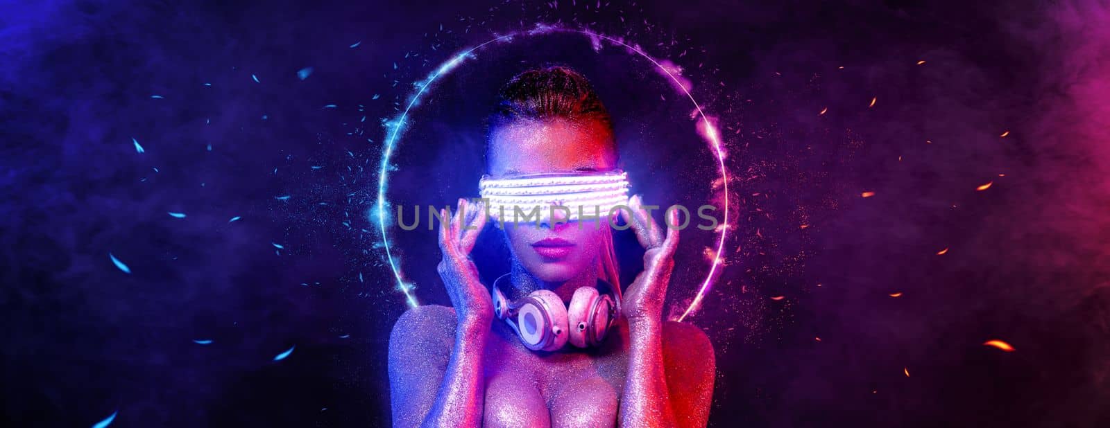 Cyber monday concept. Hot girl DJ in neon lights with headphones. Sexy TDJ at night club party. Mixtape cover design - download high resolution picture for your song cover. Album template. by MikeOrlov