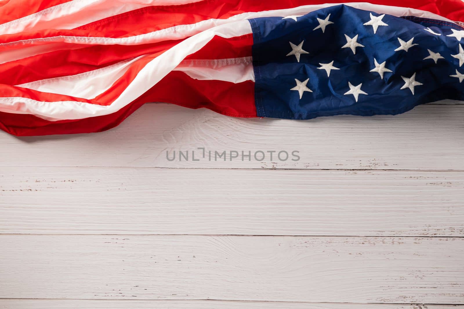 USA flag for Memorial day on abstract white wood background, Banner template design of presidents day concept, above flag of United States American with copy space, Presidents Day, holiday background