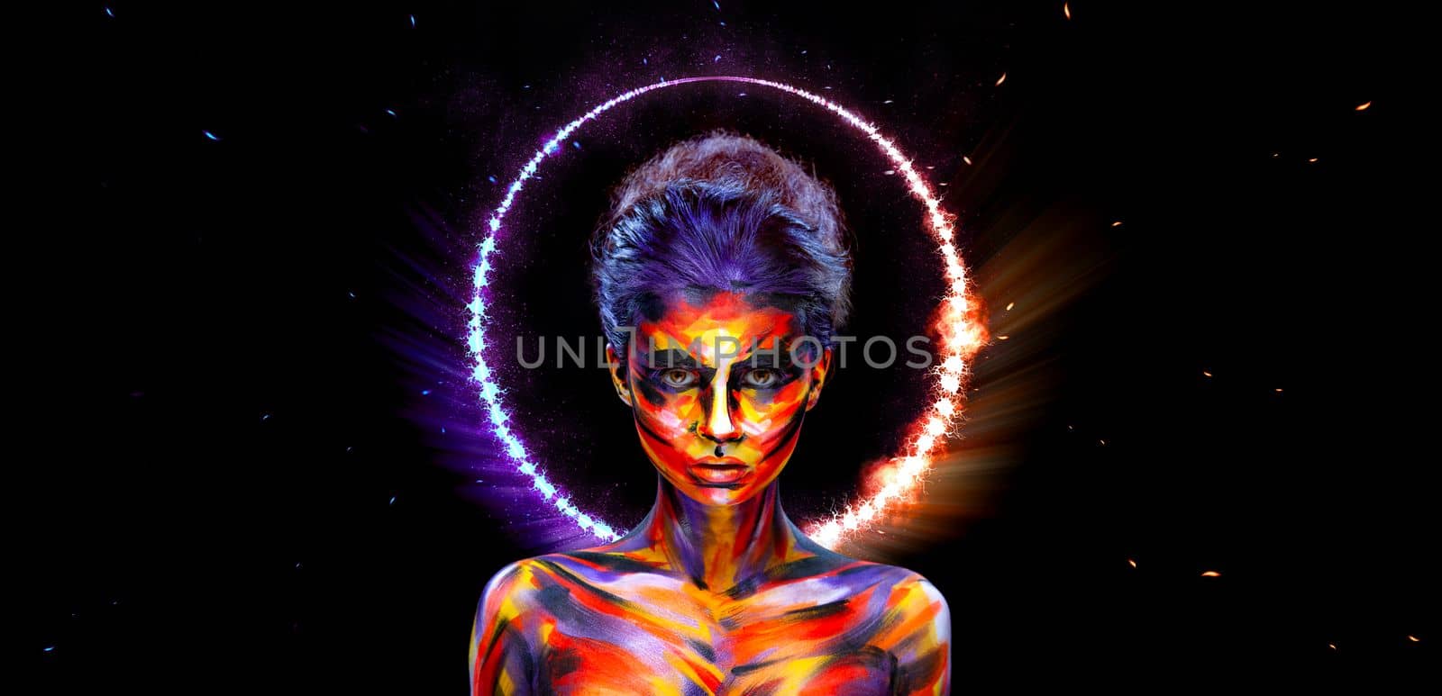 A girl in a glowing neon circle. Woman in color body painting on her face. Cover art for your mixtape, video, song or podcast. Design for book cover